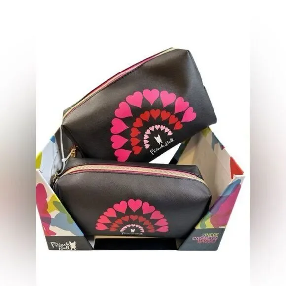 NIB French Bull 2 Piece Black and Pink Cosmetic Bag Set Heart Graphics - Picture 1 of 7